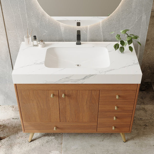 English Elm 36" Freestanding Bathroom Vanity Sintered Stone Top Ceramic Sink Stainless Steel Legs Gold,Walnut,White W3136S00070