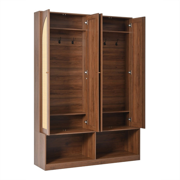 English Elm Rattan Door Hall Tree Bench with 6 Hooks Farmhouse Entryway Storage N721S000074D