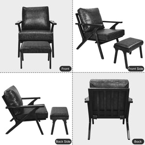 English Elm Mid-Century PU Leather Accent Chair with Ottoman — Ergonomic Thick Upholstery, Flared Legs, Durable Comfort Black T3950P397487