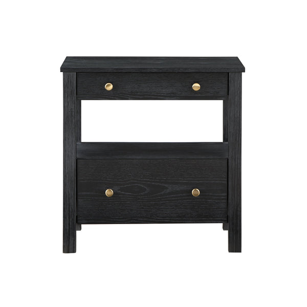 English Elm Danielle Modern 2-Drawer Nightstand in Black Oak Veneer with Gold Knobs, Smooth Glides & Shelf B050P376972
