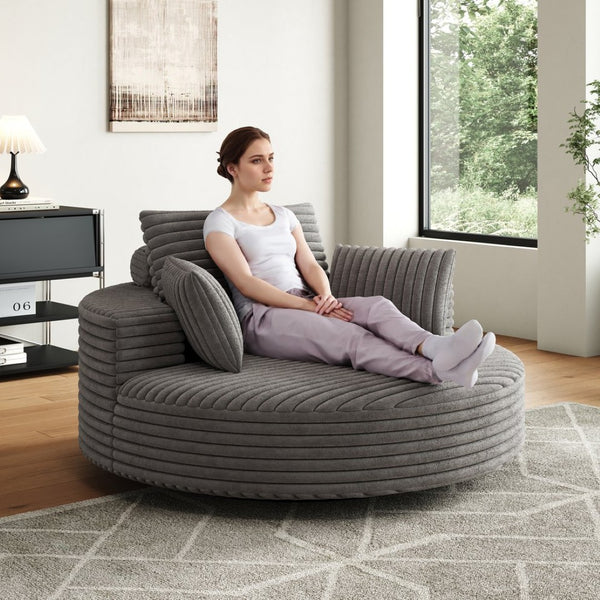 English Elm 55''l 55'l Faux Rabbit Fur Corduroy Swivel Lounge Chair Cloud Foam Seat for Bedroom Grey W834S00449