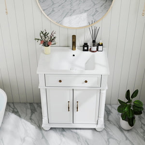 English Elm 27.8" Mid-century Freestanding Bathroom Vanity with Ceramic Sink Drawer and Wood Base White W1801S00006