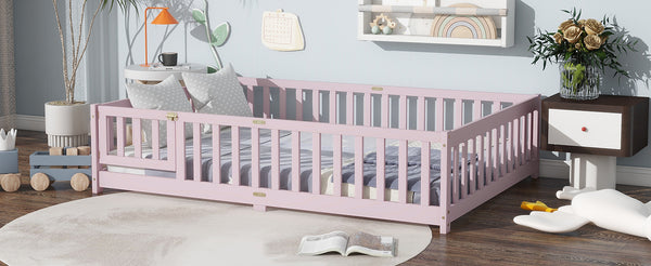 English Elm Full Size Floor Bed With Safety Guardrails – Stylish Pink Rubberwood Bed For Cozy, Secure Sleep W504P286383