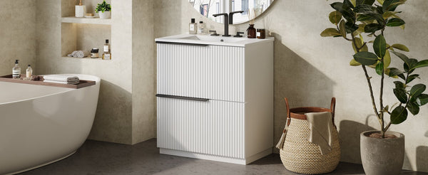 English Elm Christopher Knight Home® - 30" Elegant Freestanding Bathroom Vanity With Ceramic Sink, Soft-Close Drawers & Fluted Design N817P288915W