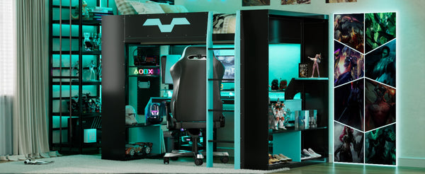 English Elm Full Size Gaming Loft Bed with Rgb Lighting Built-in Desk and Usb Charging Ports Blue LT000275AAC