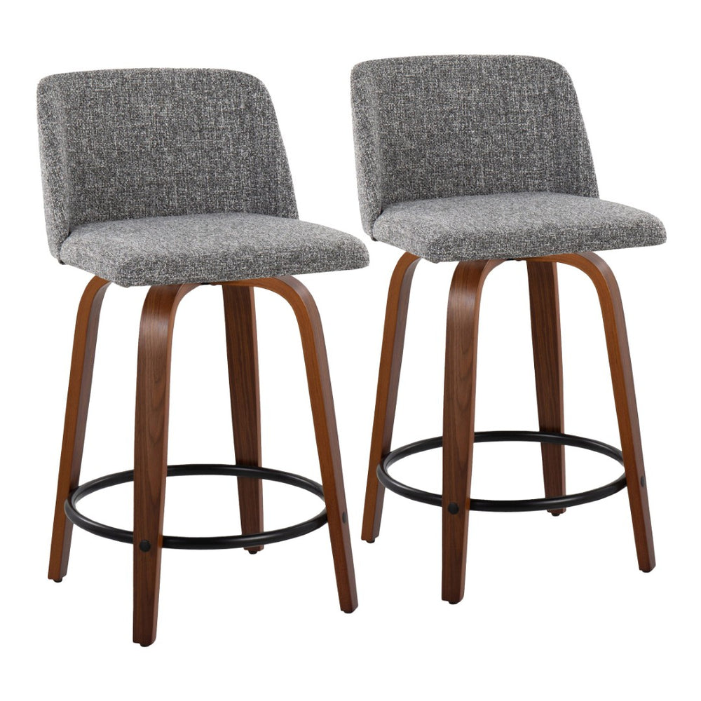 English Elm Toriano 24" Mid-Century Modern Counter Stool Set Of 2 With Swivel Seat In Walnut Wood & Grey Fabric B202S00112-GIGA