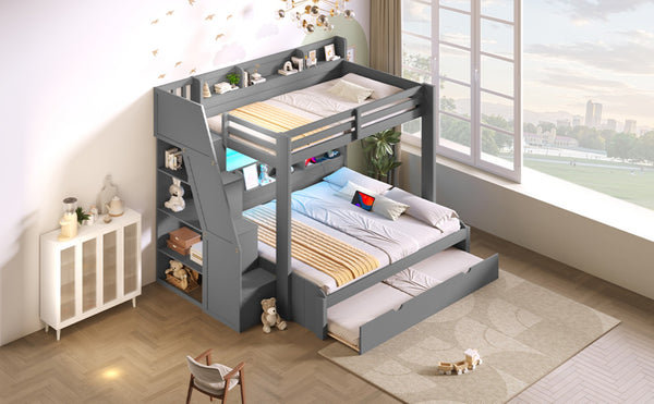 English Elm Twin Over Full Bunk Bed with Stair Drawers Shelves Led Lighting and Usb Port Grey N7090005013E