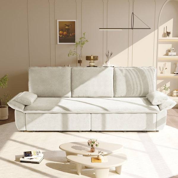 English Elm 94.5" King Convertible Sleeper Sofa Corduroy Upholstered Chaise Lounge Guest Room Bed White W1885S00403