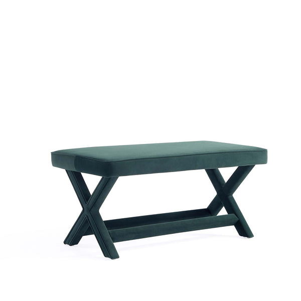 English Elm Abigail Velvet Upholstered Accent Bench in Forest Green with Solid Wood X-Leg Frame, Plush Cushion B365P398206