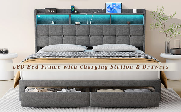 English Elm King LED Upholstered Bed Frame with Storage Headboard, 2 Drawers, Fast Charging Ports & Mood Lights W1550P190366