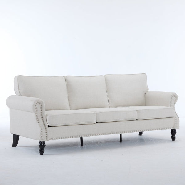 English Elm 83 Inch Faux Leather Traditional Sofa with Brass Nailhead Trim and Deep Rolled Arms W2911S00012
