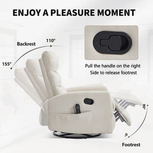 English Elm Heat Massage Swivel Rocker Recliner with Lumbar Nodes and Fabric Upholstery W3224P357559