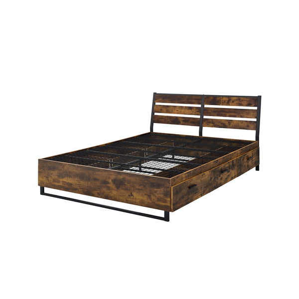 English Elm Juvanth Rustic Oak & Black Panel King Bed with Metal Slat Mesh Support — Industrial Rustic Centerpiece Oak 81.5 L x 30.12 W x 5.51 H B2726S00111