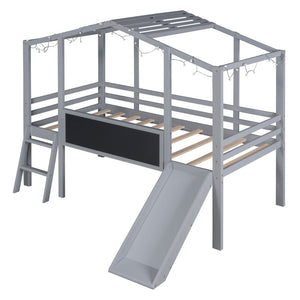 English Elm Twin House Loft Bed with Slide Chalkboard Panel and Led Roofline for Kids Gray WF324323AAE
