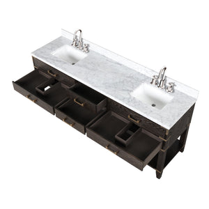 English Elm Brown Oak 80" Double Bath Vanity with Polished Carrara Marble Top, Soft-Close Drawers & Chrome Faucet Set B2731P260333