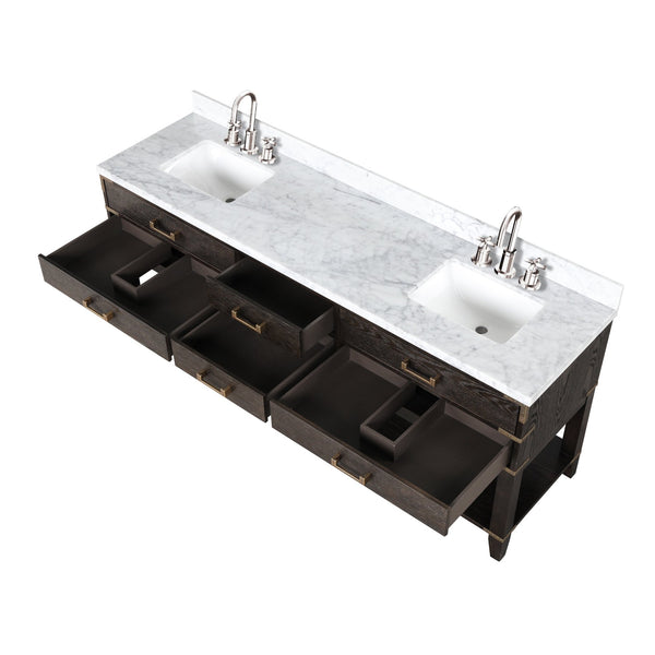 English Elm Brown Oak 80" Double Bath Vanity with Polished Carrara Marble Top, Soft-Close Drawers & Chrome Faucet Set B2731P260333