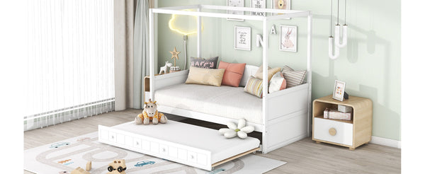 English Elm Twin Canopy Daybed with Pull Out Trundle Pinewood Frame for Kids or Guest Rooms N708P373423K