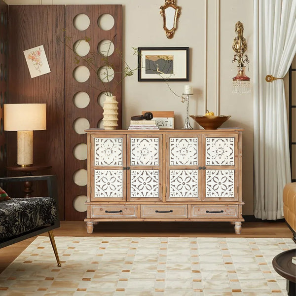 English Elm 59.06" Rustic Natural Wood Accent Cabinet with 4 Doors & 3 Drawers, Adjustable Shelves, Durable MDF W2295P290643