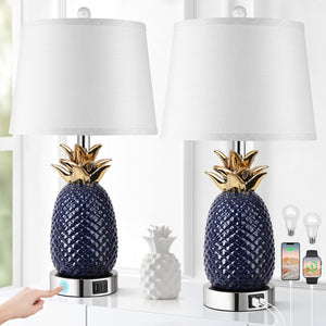 English Elm 22" Pineapple Table Lamps Set of 2 Navy Blue Ceramic 3-Level Touch Dimmable with USB-C+USB-A Ports and Bulbs Included W3355P369130