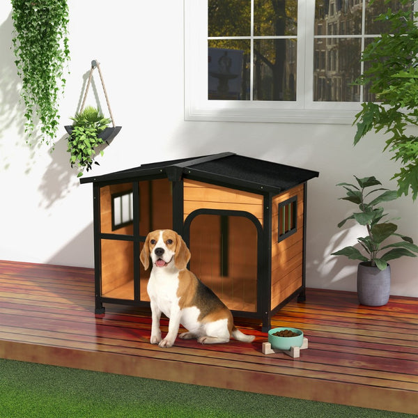 English Elm Pawhut Cabin Style Wooden Outdoor Dog House with Asphalt Roof and Openable Top W2225P249729