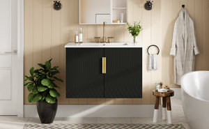 English Elm 30" Vintage Bathroom Vanity with Ceramic Sink — Wall-Mount MDF & Solid Wood Cabinet, Storage, Sleek Finish Black N710P214100B