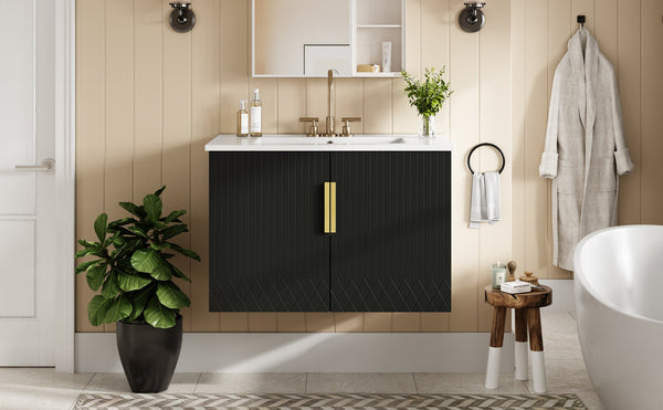 English Elm 30" Vintage Bathroom Vanity with Ceramic Sink — Wall-Mount MDF & Solid Wood Cabinet, Storage, Sleek Finish Black N710P214100B