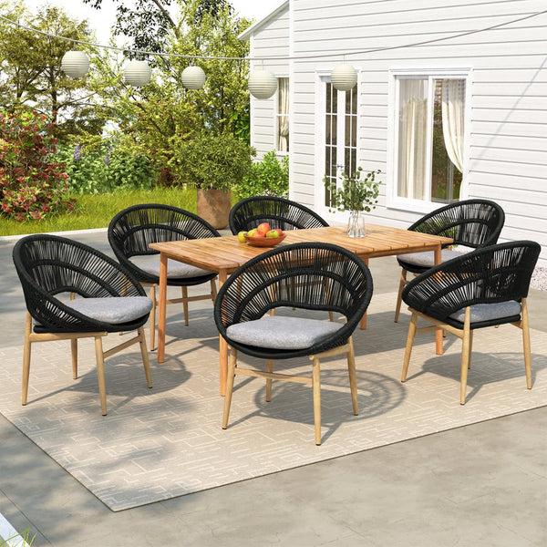 English Elm Christopher Knight Home® - Cyril Outdoor Patio 7-Piece Dining Set with Solid Acacia Table, Handwoven Rattan Chairs & Cushions Dark Gray,Teak CYRIL7PCSDSETG