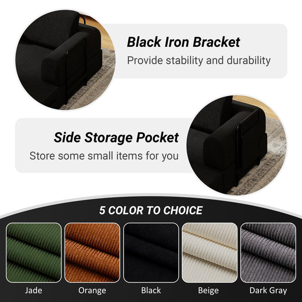 English Elm Convertible Sleeper Sofa Bed Corduroy Folding Mattress Couch with Cylindrical Pillow, Space-Saving Comfort for Living Room and Studio Black W3366P364243