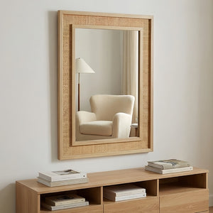 English Elm Natural Rattan Wrapped Solid Wood Frame Rectangle Mirror for Farmhouse Entryway Bath Natural Wood W2203P436620