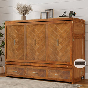 English Elm Queen Murphy Cabinet Bed Pine Wood Geometric Panels Usb Charging Guest Room Storage W504S00303