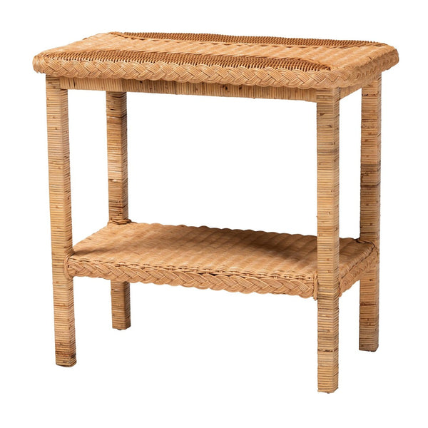 English Elm Bohemian Hand-braided Rattan Side Table with Open Shelf for Warm Organic Interiors B2750P467754