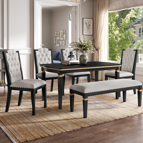 English Elm 6-Piece Kitchen Dining Set with 60" Rectangular Table, Tufted High-Back Chairs & Bench, Durable Wood Black N752S001080B