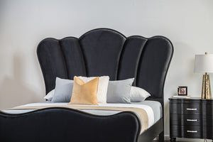 English Elm Lovely Art Deco 3pc Queen Bedroom Set with Light Gray Padded Channel Headboard and Oak Veneer Accents Black 80 L x 53 W x 6 H B2741S00201