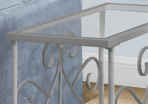 English Elm Accent Table Elegant Scroll Metal Frame with Two Tempered Glass Surfaces for Living Room Décor, Versatile End Nightstand 24x12x22 inches Silver 26 L x 26 W x 5 H B2710P219192