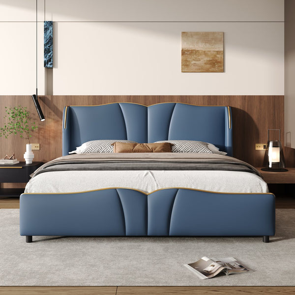 English Elm Christopher Knight Home® - King PU Leather Bed Frame with Wingback Headboard & Footboard, Gold Accents, Platform Slat Support, Elegant Design Antique Blue 85 L x 10 W x 3.25 H N761S0000017C