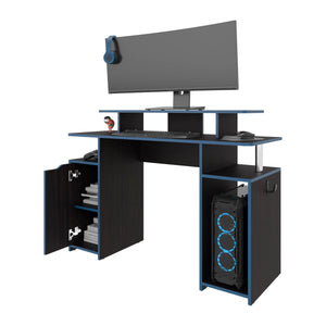English Elm Blue Accents Minimalist Gaming Desk Wengue Finish with Elevated Monitor Shelf, 4 Shelves & Door Organizer B062P290272