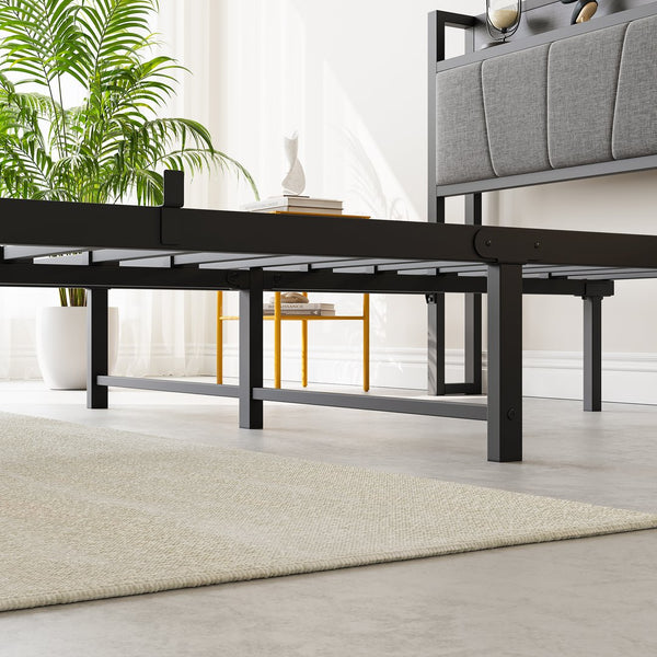 English Elm Full Size Bed Frame with Storage Headboard & Charging Station, Upholstered Gray Cotton Flax, 400lb Stable Platform W840P179122