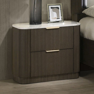 English Elm Contemporary Dark Walnut Nightstand with Marble Top Reeded Plinth Base Bedroom Storage B2741P430422