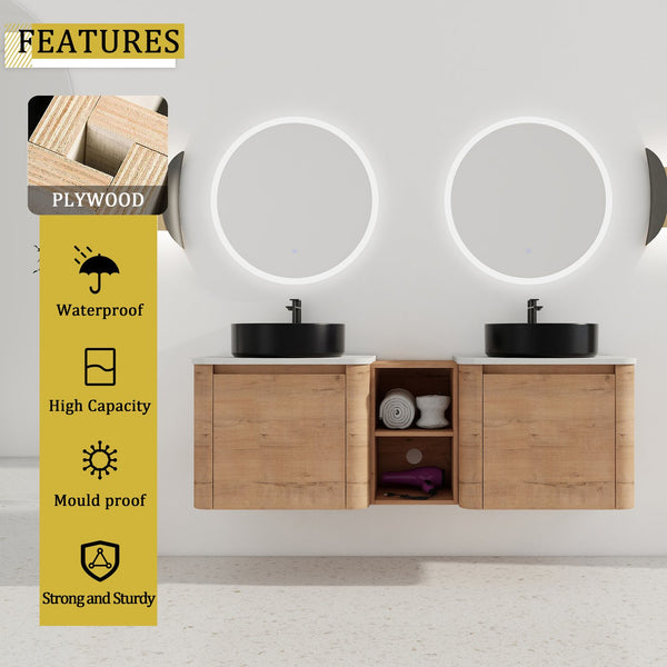 English Elm 60'' Wall-Mounted Bathroom Vanity With Elegant Ceramic Art Sink & Soft-Close Door For Modern Spaces W999S00411