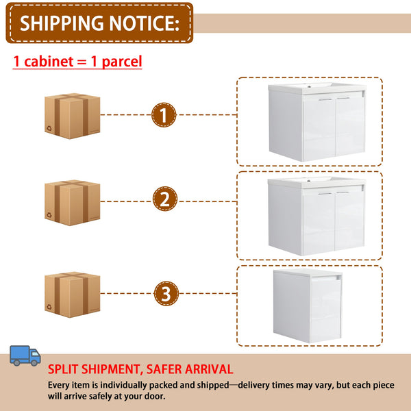 English Elm 60" Modern Wall-Mounted Bathroom Vanity with Resin Sink, Soft-Close Doors, Side Cabinet, Glossy White W999S00423