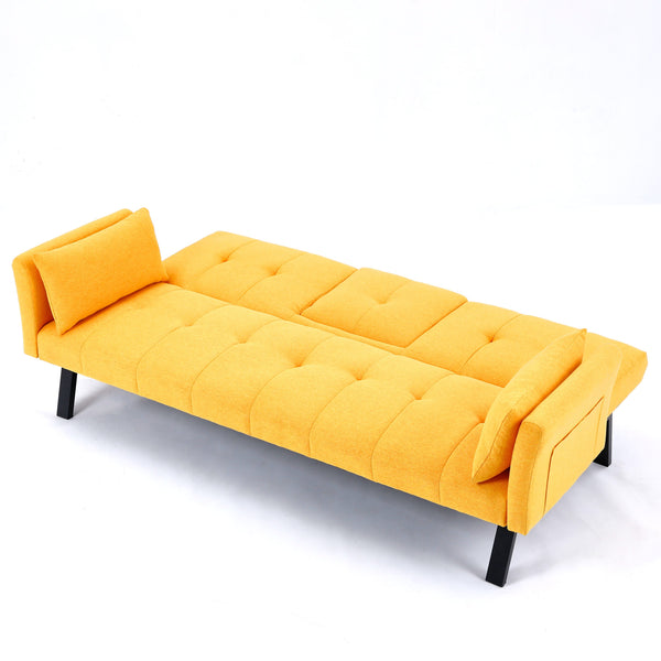 English Elm 70-inch Foldable Cotton Linen Sofa Bed with Cup Holder & Side Storage, Space-Saving 2-Seater Design Yellow W3371P337202