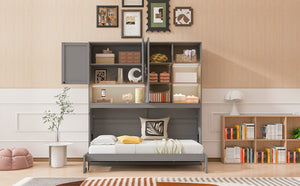 English Elm Twin Murphy Bed with Cabinet Shelves Built in Lighting Usb Ports Space Saving Wall Unit Gray LP000389AAE-1