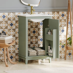 English Elm 20 Inch Modern Small Bathroom Vanity Cabinet With Ceramic Basin, Space-Saving Storage & Soft-Close Door Green N729P170386F