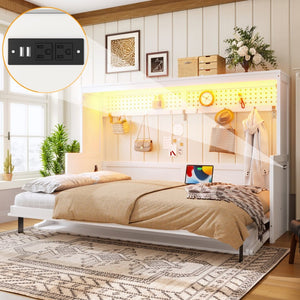 English Elm Full Murphy Bed with Fold Down Desk Led Lighting and Usb Port for Studio Spaces White W1580S00454