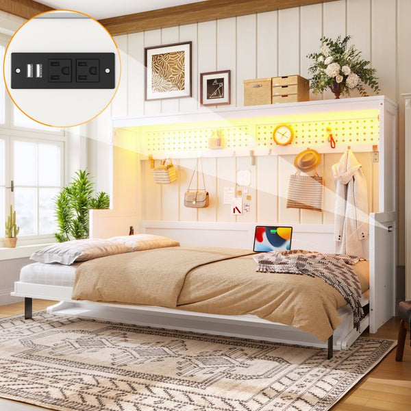 English Elm Full Murphy Bed with Fold Down Desk Led Lighting and Usb Port for Studio Spaces White W1580S00454
