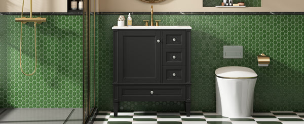 English Elm 30 30 Inch Bathroom Vanity with Ceramic Sink, Modern Compact 3-Drawer Storage Cabinet for Small Baths Black N710P247499B
