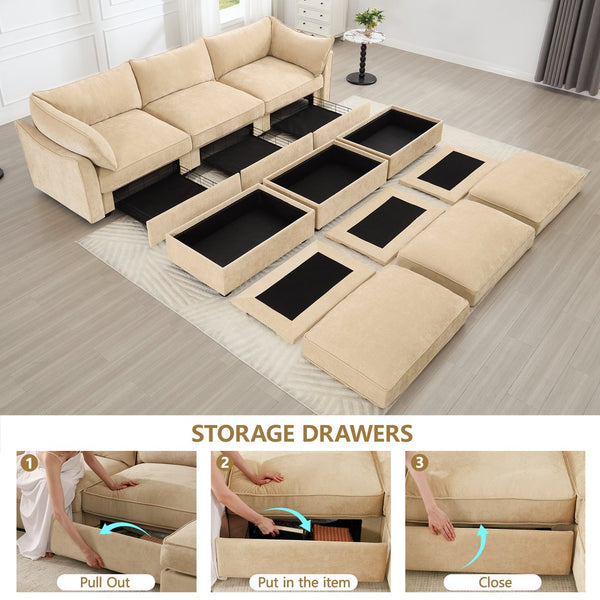 English Elm 3-Seater Sofa Set With Footstools And Pull-Out Drawers, Cozy Chenille Upholstery In Wheat Color W3041S00178