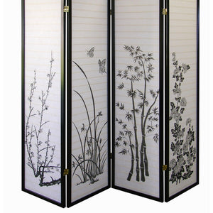 English Elm 70" Tall 4-Panel Folding Screen, Elegant Floral Design With Black Finish For Stylish Room Privacy B072115973