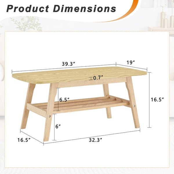 English Elm 39 Inch Solid Wood Coffee Table with Dual Open Shelves for Living Room Storage W2920P407664