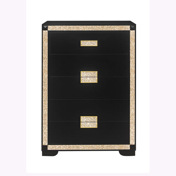 English Elm LIVELY Glam Chest with Gold Accents, Solid Wood & MDF Construction, Glitter Detail, Spacious Drawers Black 37.63 L x 20.25 W x 50 H B201P289717